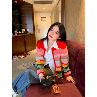 落落狷介毛衣可外穿内搭女2025新款 毛线衣小个子羊毛 条纹花色开衫