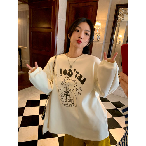 落落狷介加绒白色印花卫衣女