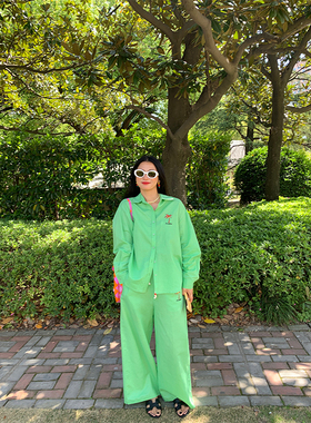 落落狷介 套装裤今年流行的女装套装绿色两件套棉麻衬衫+阔腿裤