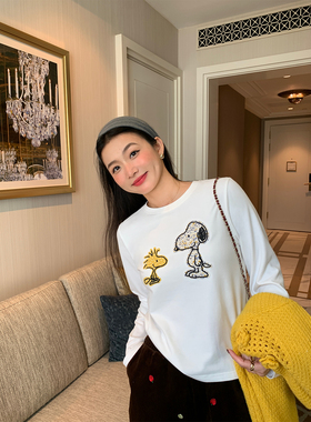 落落狷介 长袖早秋chic上衣白色刺绣T恤女2025年新款设计感打底衫