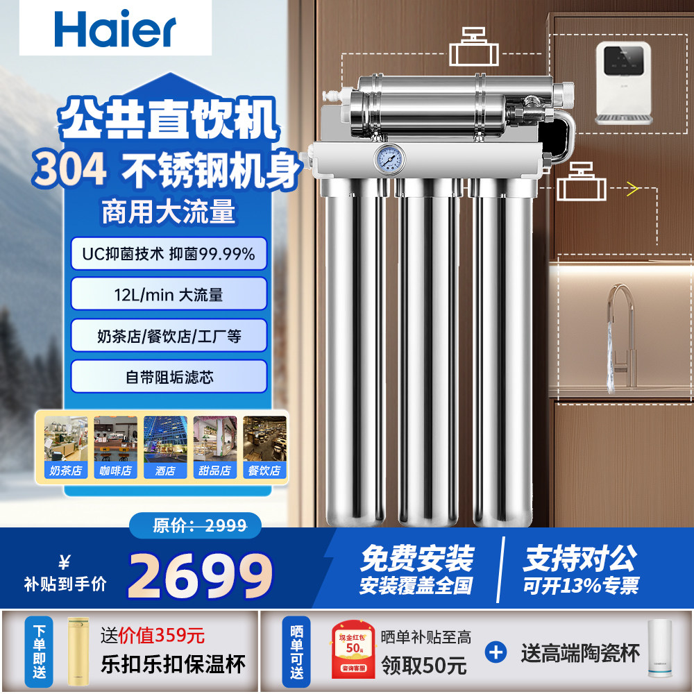 海尔商用餐饮茶室奶茶店餐馆便利店不锈钢双出水大流量家用净水器