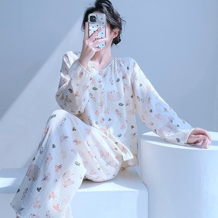双层棉纱睡衣女春秋纯棉圆领开衫家居服长袖全棉可爱大码宽松套装