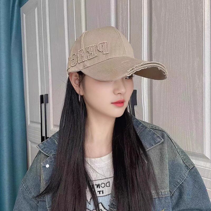 加宽帽檐复古破洞硬顶棒球帽女显脸小春秋户外遮阳大头围鸭舌帽