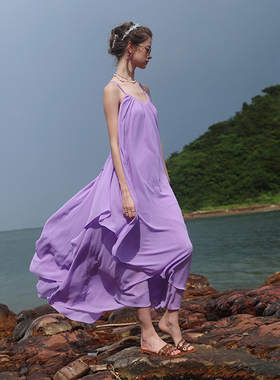 多巴胺泰国旅行穿搭飘逸长紫色沙滩裙海边度假大摆露背吊带连衣裙