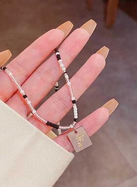 东大门爆款黑白米珠甜酷双修项链女高级设计感小众简约玫瑰花吊坠