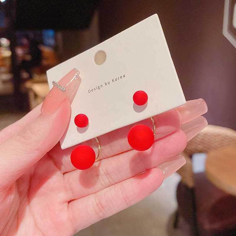 S925银针新年喜庆红色珠子耳环女轻奢高级设计感后挂式耳钉耳饰品