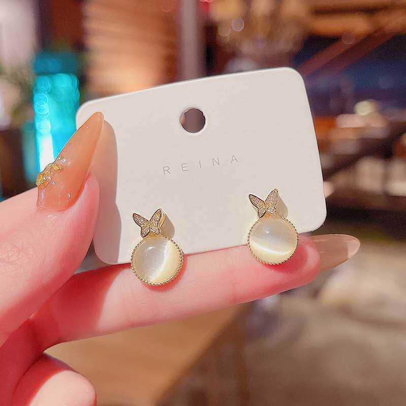S925银针猫眼石超仙微镶蝴蝶耳环女ins潮小巧气质网红同款耳钉
