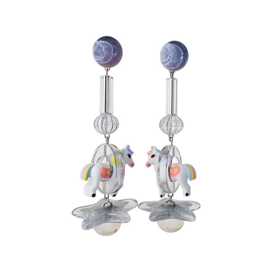 闪耀日韩新款树脂圆形小马星星耳坠时尚设计童趣风耳环小众个性