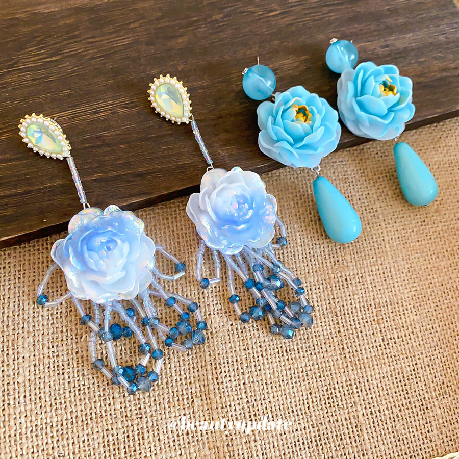 闪耀跨境热卖玫瑰花水滴珍珠耳环文艺复古宫廷风耳坠轻奢高级感