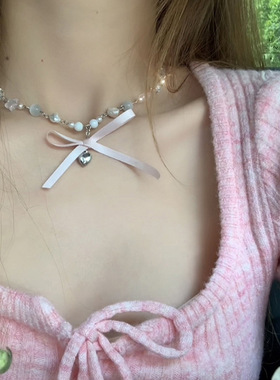 闪耀多巴胺爱心蝴蝶结人造珍珠水晶款项链甜美气质锁骨链小众百搭