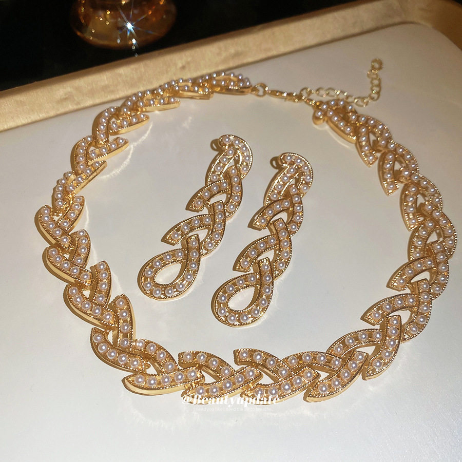 闪耀欧美复古链条珍珠耳环项链宫廷风优雅小众首饰套装轻奢高级感