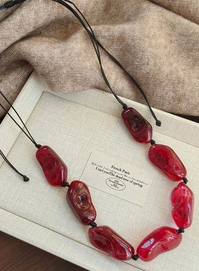 复古不规则红色抽拉绳毛衣链