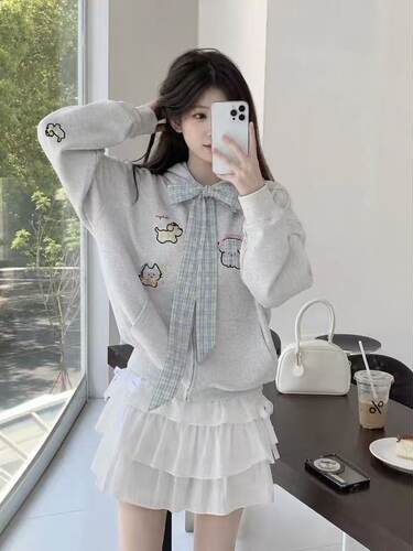 外贸出口女装秋冬季时尚休闲气质保暖卫衣学生绑带蝴蝶结开衫外套