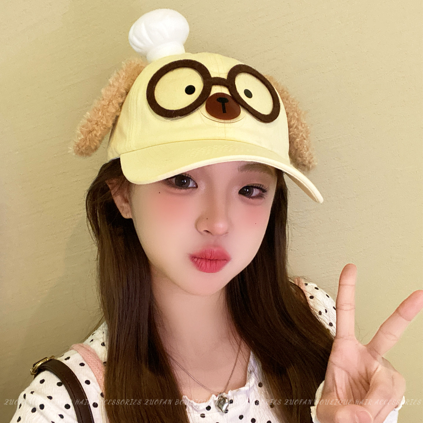 可爱眼镜厨师小狗耳朵棒球帽女甜美显脸小鸭舌帽宽帽檐太阳帽子潮