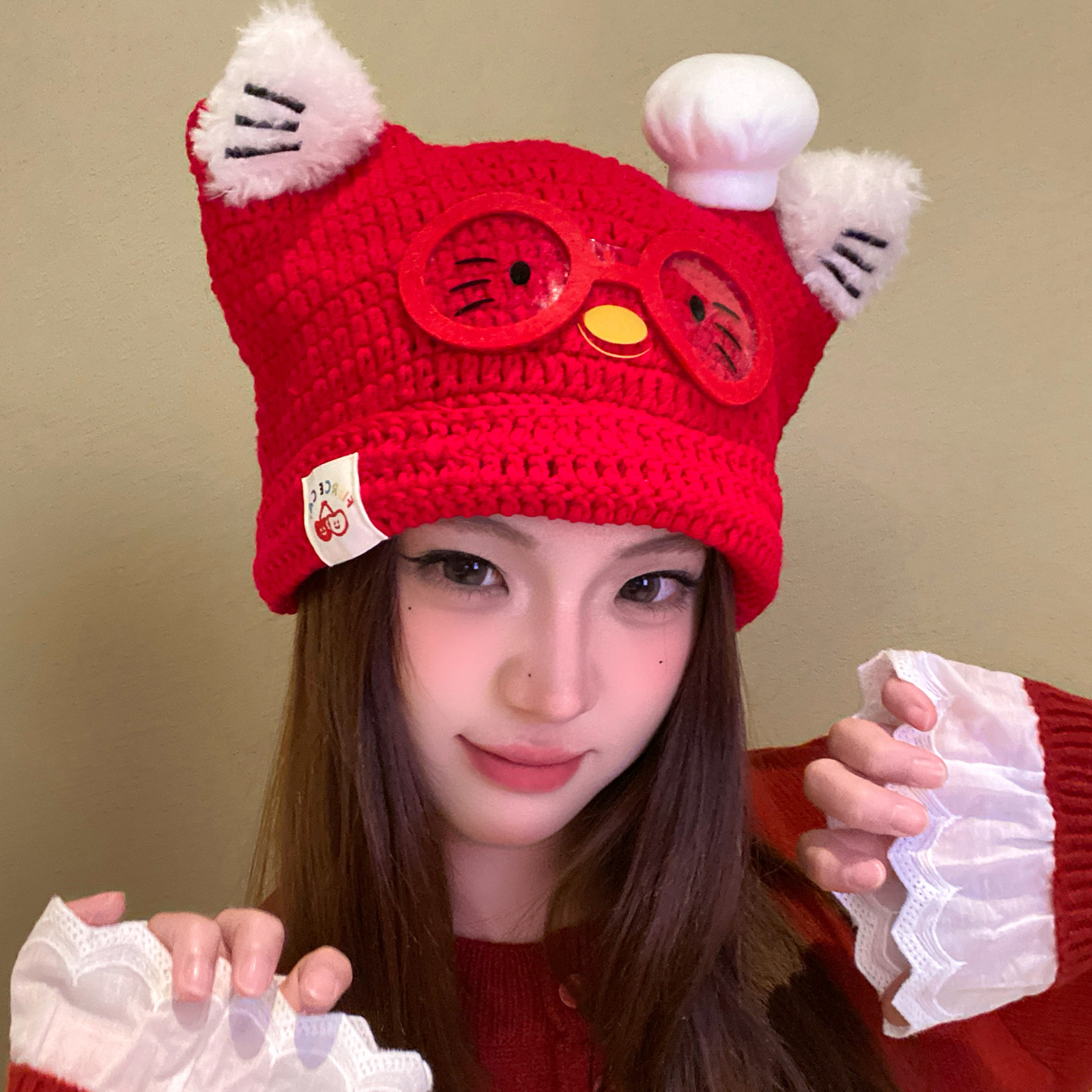 可爱眼镜小狗耳朵针织套头帽子女手工编织秋冬保暖毛线帽包头帽潮