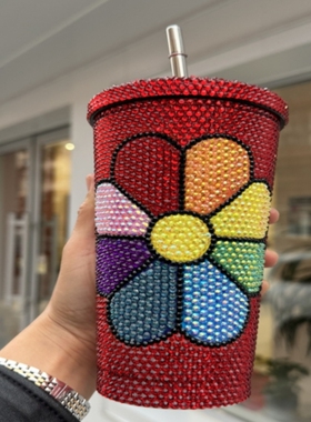 红色太阳花吸管杯子手工贴钻水杯304不锈钢吸管杯咖啡杯太空杯