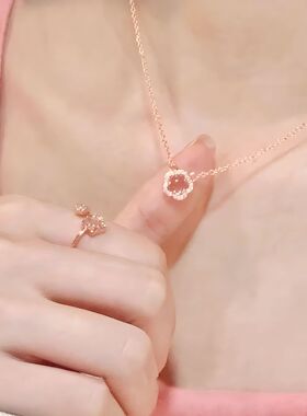 银贝S925纯银项链百搭女小清新甜美粉水晶樱花美娅花朵锁骨链爆款