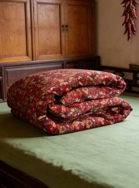 饭店民宿家用喜庆全棉鲜暗红色细斜纹松叶印花被子四件套床单枕头