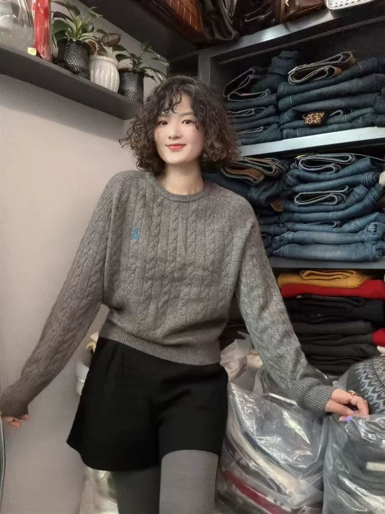 山羊绒欧洲站2025冬新款麻花圆领刺绣羊毛衫柔软保暖百搭打底衫