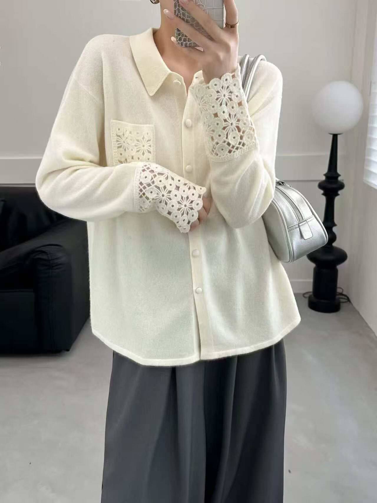 欧洲站2025秋冬新款翻领100%全羊毛衫女宽松勾花保暖拼接针织开衫