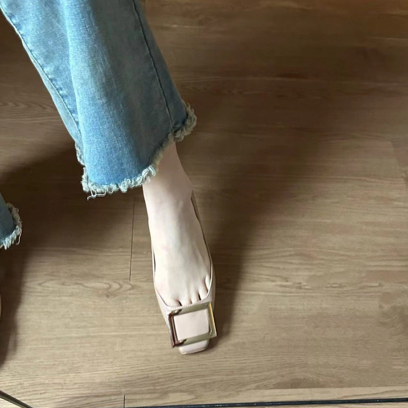 小鱼家小方头方扣浅口内增高平底日常通勤气质单鞋女