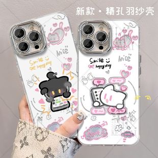 可爱黑猫尼昂情侣羽纱手机壳适用苹果16华为小米OPPOA72VIVO一加