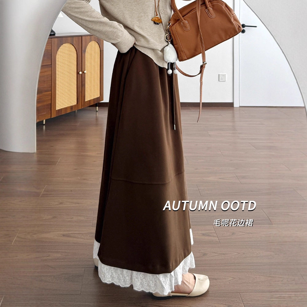 秋冬女士高腰显瘦毛呢半身裙外穿蕾丝花边大摆裙大码抽绳大摆裙,女装/女士精品,半身裙,淘宝优惠券,粉丝福利购,淘宝优惠卷