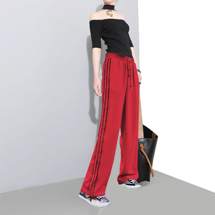 夏季休闲雪纺阔腿裤女夏高腰宽松侧条纹红色运动裤长裤子薄款bf风