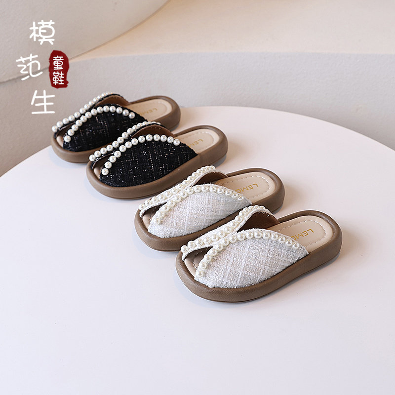 女童珍珠复古拖鞋鱼嘴露趾凉鞋2026春夏新款小女孩包头软底公主鞋