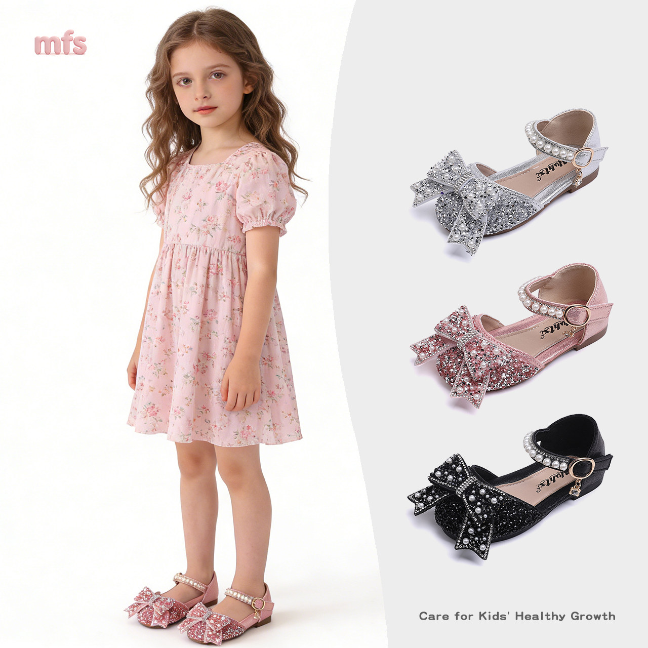 女童水钻珍珠蝴蝶结公主鞋2026春夏新款包头法式表演休闲单鞋凉鞋