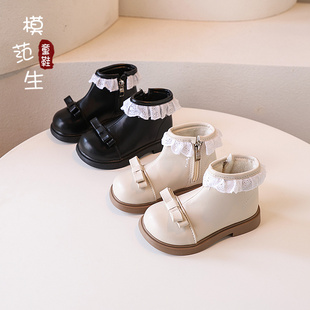 女童加绒蝴蝶结马丁靴蕾丝二棉短靴2025冬季新款小女孩洋气公主靴