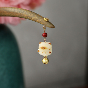 原创手工设计招财猫古风发簪子盘发菩提根小猫招财纳福朱砂绿檀木