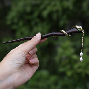 黑檀木簪子灵蛇王者气质热卖高级感蛇型双面新中式步摇汉服发簪女