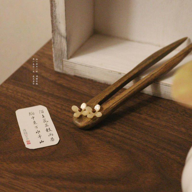 原创手工发簪 宋风素雅绿檀木桂花盘发簪子U型短钗极简禅寂发饰