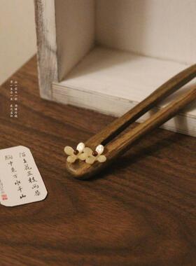 原创手工发簪 宋风素雅绿檀木桂花盘发簪子U型短钗极简禅寂发饰