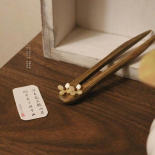 原创手工发簪 宋风素雅绿檀木桂花盘发簪子U型短钗极简禅寂发饰