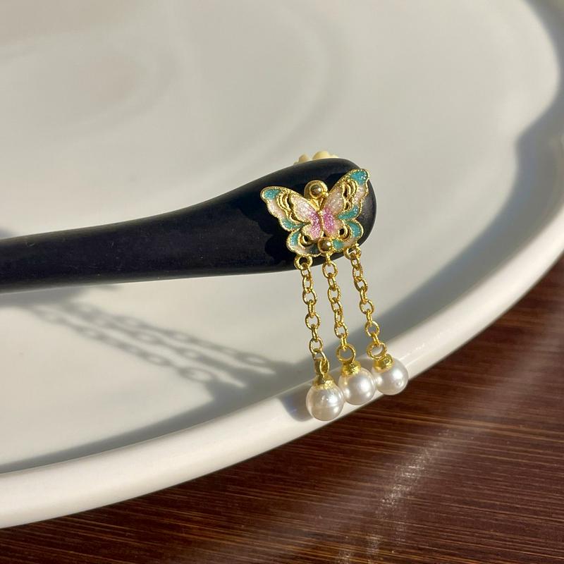 15厘米檀木发簪蝴蝶流苏步摇精致