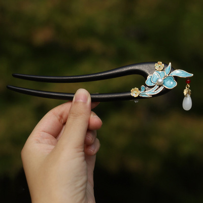 古风烧蓝滴油仿点翠花朵女紫光檀