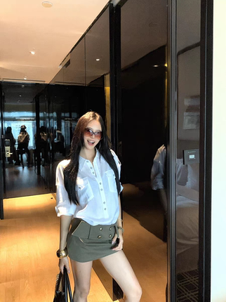 白色棉质polo领长袖衬衫女秋季后背绑带宽松衬衣小众休闲开衫上衣