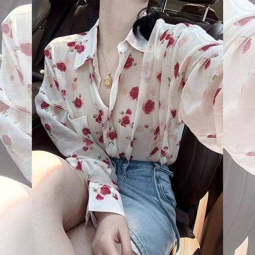 海边度假穿搭碎花长袖衬衫女早秋季慵懒风小个子洋气减龄防晒上衣