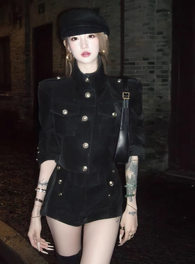御姐穿搭一整套性感辣妹复古黑色夹克外套高腰短裤两件套装2025冬
