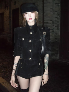 御姐穿搭一整套性感辣妹复古黑色夹克外套高腰短裤 2025冬 两件套装