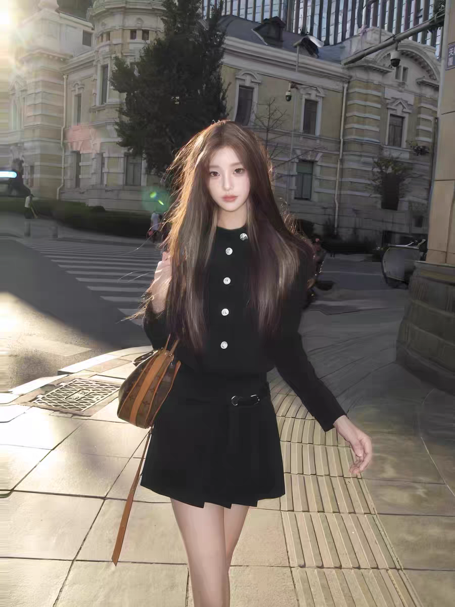 厚黑麂皮绒长袖连衣裙女秋冬季穿搭千金感巨好看金属扣收腰短裙子,女装/女士精品,连衣裙,淘宝优惠券,粉丝福利购,淘宝优惠卷