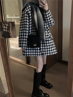 千鸟格毛呢外套女装冬季2026新款复古法式宽松中长款加厚长袖大衣