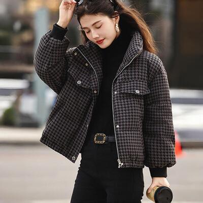 秋冬新款千鸟格短款黑色羽绒棉服女冬款立领加厚保暖上衣外套大码
