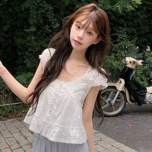已出货 夏日初恋 法式甜美V领荷叶花边短袖上衣女百搭显瘦娃娃衫