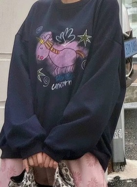 冬季加绒厚款 韩国古着日系卡通涂鸦印花套头卫衣宽松上衣休闲