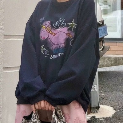 冬季加绒厚款 韩国古着日系卡通涂鸦印花套头卫衣宽松上衣休闲