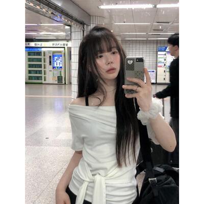韩国chic 夏日 船领 绑带 收腰 短袖T恤