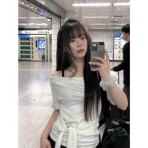 韩国chic 夏日 船领 绑带 收腰 短袖T恤
